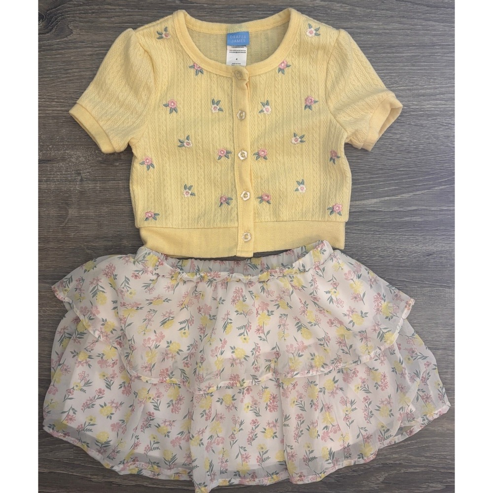 Draper James Girls Yellow Floral Cardigan and Tiered Skirt Set Size 4 5 Kids‎